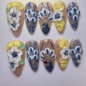 3D Floral Blue & Yellow Press-On Nails